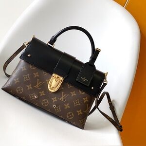 Louis Vuitton Brown Monogram with Black Leather Top Handle Satchel